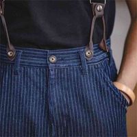 MADEN Hombre Retro Pantalones de rayas azules de color azul escocés dobladillo de tela escocesa regularmente ajuste recto trabajo denim con tirantes desmontables 210716