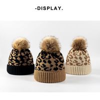 Winter Knitted Beanies Woman Leopard Wool Hat With Pom Casua...