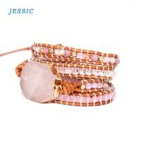 Tennis JESSIC Natural Stone Bracelet Pink Quartz Leather Wrap Bracelets For Women Rose Gems Crystal Beads Bohemia Jewelry
