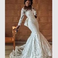 African Full Lace Wedding Gowns With Back Bow Beading Long Sleeves Ivory Mermaid Engagement Wedding Bridal Dresses