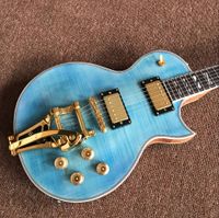 Guitarra eléctrica de jazz personalizada Hardware dorado Blue Tiger Maple Top Guitarra con sistema Vibrato