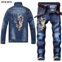 Gru in stile cinese ricamo uomo set da uomo 2022 Blue TrackSuits Slim Fit 2 pezzi Set primavera autunno autunno manica lunga giacca denim + jeans elasticizzati