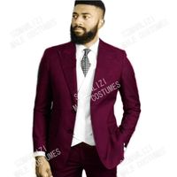 Classic Peaked Lapel Burgundy Wedding Tuxedos Slim Fit Business Groom Suits For Men Groomsmen 3 Pieces Prom Formal Men's & Blazers