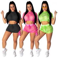 Mesh O- Neck Short Crop Top With Shorts Fashion Two Piece Out...