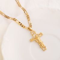 G/F Gold Cross Pendant Jesus Crucifix Frame Italian Figaro Link Chain Necklace 9 k Solid Fine Yellow THAI BAHT
