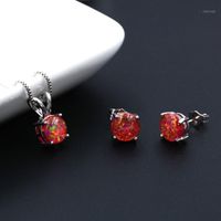Earrings & Necklace Fashion Round 8 Mm Red Fire Opal Jewelry Set For Lady