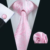 Fast Shipping Mens Ties Wedding Lovely Pink Hanky Cufflinks Set Jacquard Woven Neck Tie Set Silk Mens Set Business Work Formal N-0436