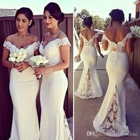 2021 Cheap Long Formal Dresses for Women Lace Off Shoulder Mermaid Sweep Train Bridesmaid Dresses Covered Button Back