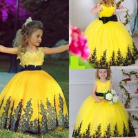 2019 nieuwe pageant jurken voor meisjes zwarte appliques tule vloer lengte gele baljurk bloem meisjes jurken voor bruiloft kinderen