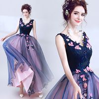 Blue V neck printed with beading lace-up 2019 vintage marriage party dresses for women sexy clothing