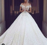 2020 nuevo lujo de los vestidos de novia vestidos de bola del vestido de boda del bordado del tren real completa del cordón blanco atractivo del cuello en V de manga corta vestidos de boda 327