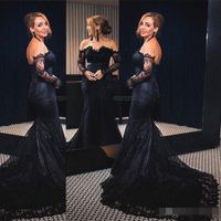 Sexy Black Mermaid Prom Kleider 2018 Neue Mode Schulterfrei Full Spitze Lange Ärmel Gericht Zug Lange Formale Abend Party Kleid Benutzerdefinierte