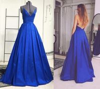 2020 Royal Blue Charming Promkleider ärmellos Spaghetti-Träger mit V-Ausschnitt-formalen Partei-Kleider Open Back bodenlangen Kleid Günstige Abendkleidung