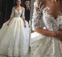 3D-флористические аппликары кружевное мясное платье свадебные платья 2017 Стивен Халил половина рукава старинные чистые шеи пухлые свадебные платье сексуально