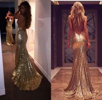 2019 новый дешевый пользовательский изготовленные изготовленные на заказ Spearly Gold Sequins Prom платья милая расколотая сторона сексуальные спинки русалка вечерние платья Vestidos 290