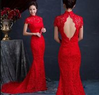 Chinese Style Fish Tail Long Cheongsam Evening Dresses Lace Bride Chinese Qipao Long Mermaid Dress 2019 Prom Dresses
