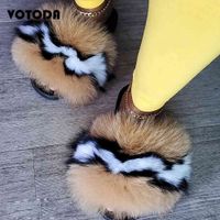 VOTODA Yeni Yaz Kadın Kürk Terlik Kabarık Feet Fox Kürk Flats Sandlas Sevimli Ev Fox Saç Çevirme Folpo Moda Lüks Bayan Ayakkabı C0330