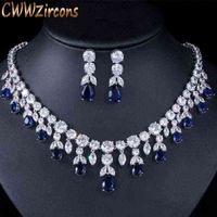 CWWZircons Luxury Dark Blue Women Wedding Party Dress Jewellery Big Dangle Drop Bridal CZ Necklace Earrings Jewelry Sets T341 211214