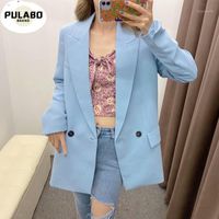 Spring Autumn Blue Elegant Office Lady Blazer Women Solid Pockets Suit Jacket Coat Female Tops Casual Loose Blazers Mujer Women's Suits &
