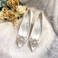 Bridesmaid Wedding Dress Bridal Shoes 2021 Pointed Toe Thin Heel Diamond White Large Size 42 43 Women Lovely Fashion Pumps