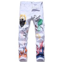 28-38 Men Casual Pattern Printed Jeans Pants Mens Graffiti PrintHip-hop Fashion Slim Fit White Trousers Jeans 5670#
