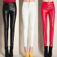 # 0521 2021 Winter schwarz / weiß / rot Fleece Leggings Faux Leder Hosen Skinny Bleistift Lässig mit Reißverschlusshose Frauen1