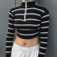 Damenpullover gestreifter koreanischer Designer Pullover Herbst Langarm schwarz gestrickt Damen Runway Pullovers Crop Top 2021 Großhandel Kleidung W