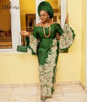 Aso Ebi Caftan Green Aftonklänningar Lace Applique Formella afrikanska promklänningar 2022 Långärmade kläder Robes de Cocktail