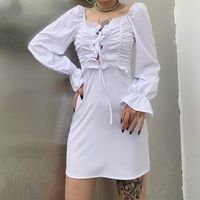 Casual Dresses Aquare Collar White Mini Dress Women Spring Autumn Elegant Long Sleeve Office Lady Party Vacation Beach Simple Bodycon
