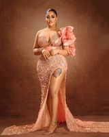 Sexy High Split Sirena Dress Prom Dresses Maniche lunghe Sheer Neck Crystal Beaded Plus Size Abiti da sera Aso EBI Women Party Wear