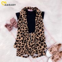 1-6Y Summer Toddler Kid Girls Leopard Clothes Set Black T shirt Waistcoat Shorts Outfits Chidlren Costumes 210515