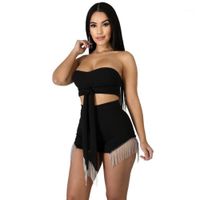 2020 Spring Summer Sexy Women Women Shorts Set Strapless Crop Top y Shorts Glitter Mattering Traje Black Red Club Outfits1