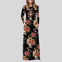 Lässige Kleider Damen Herbst Winterkleid florale gedruckte Langarm runden Hals Mode Elegant Maxi Feminina Vestidos