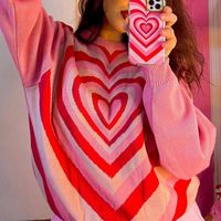 Camisolas femininas 2021 meninas em torno do pescoço Pullovers Sweet Heart Manga comprida Solta de malha pullover Tops S / M / L