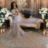 Dubai Árabe Plus Talla Silver Sirena Vestidos de novia Tren Corte CRISTALES CRISTALES JEWEL MANERAS LARGAS Vestidos de novia Vestidos Vestidos