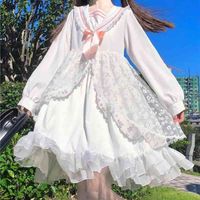 Blanc Lolita Girl Robe Alice en Wondeland Mignon Japonais Collier Sailor Collier Dace Bow Fête Robe Harajuku Fairy Vestidos 210517