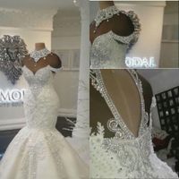 2021 Sexy Luxus Dubai Arabische Meerjungfrau Brautkleider Brautkleider High Hals Illusion Lace Appliques Kristall Beaing Plus Größe Tüll Formal mit Blumen offen Zurück Zurück