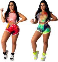 Kadın Kravat Boya Kıyafetler Spor Eşofman Şort İki Parçalı Setleri Yaz Giyim Kolsuz T Gömlek + Mini Pantolon Mektup Bodycon Jogger Suit 963