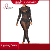 Satış Seksi Tulum Kadınlar Parti Clubwear Mesh Bodycon Tulum Tulum Romper Rhinestones F0435 Uzun Kollu Glitter Siyah