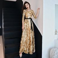 Платья вечеринки Золотой вечер длинные 2021 о-образных шейных женщин элегантный блесток A-line платье молнии платье Lyfy112