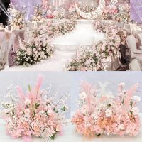 Decorativas flores guirnaldas rosa serie hecha a mano boda decoración artificial flor fila de plástico seda planta hoja hoja centro mesa
