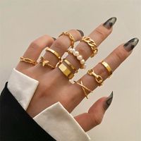 Anéis de cluster 10 peça conjunto de boémio geométrico anel oco retro borboleta de metal pérola senhoras moda tendência jóias por atacado