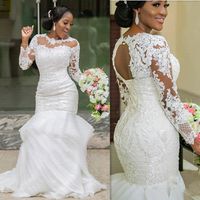 Elegant Ruffles African Mermaid Wedding Dress Sweep Train Amazing Open Back Arabic Long Sleeves Corset Back Bridal Gowns