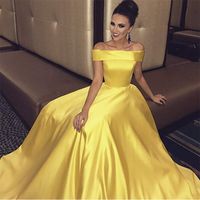Longue robe de bal de l'épaule jaune Satin Vestido de Festa 2021 Nouveau plancher longueur robe de soirée robe de soirée avec poche