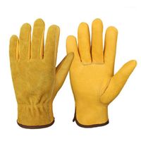 Cinco Dedos Luvas Golden Cowhide Work Segurança para jardinagem / corte / construção / motocicleta, homens resistentes ao desgaste / mulheres, pulso elástico
