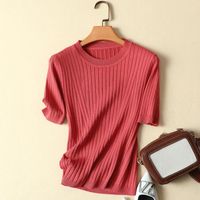 Yaz Katı İnce Örme Kadın T-Shirt O-Boyun Kırmızı Ince Zarif Ofis Bayan Dış Giyim Tops Tees Kadın T-Shirt Çeker