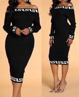 النساء عارضة فساتين حياكة طويلة الأكمام إلكتروني كلاسيكي طباعة جودة عالية إمرأة سليم قبالة الكتف اللباس قطعة واحدة تنورة حجم S-XL