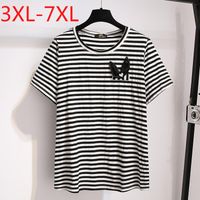 Plus Size T-shirt Missfansiqi tops de verão para mulheres grandes manga curta solta algodão preto listra branca 3xl 4xl 5xl 6xl 7xl