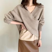 Camisolas femininas 2021 Coreano Simples V-pescoço de V-Neck Sweater Top Blusa Elegante Feminino Sólido Pulôver Drop Apricot Cinza Preto Cáqui Loose 2158