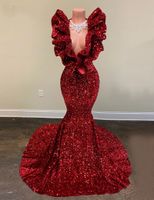 Sparkly Bordo Mermaid Gelinlik Modelleri 2022 V Yaka Ruffles Pullu Kolsuz Abiye giyim Kadınlar için